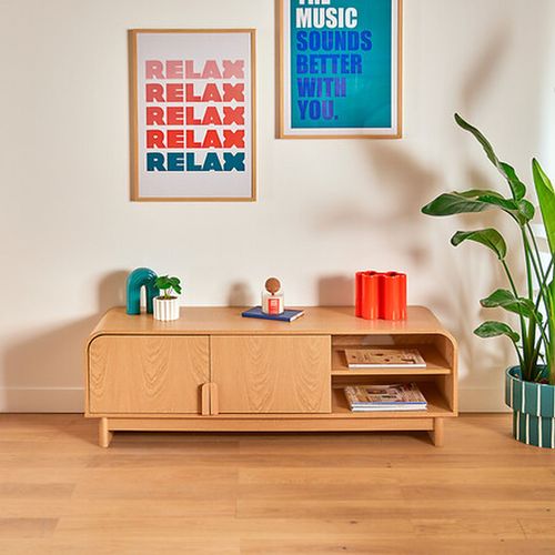 Meuble TV 2 Portes 1 Étagère Effet Bouleau Lee - Beige