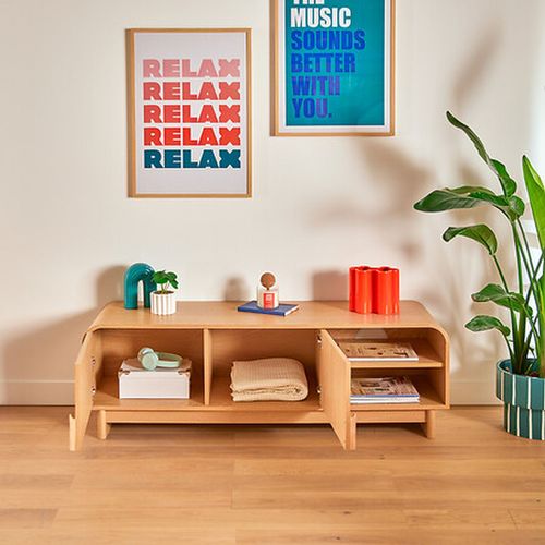 Meuble TV 2 Portes 1 Étagère Effet Bouleau Lee - Beige