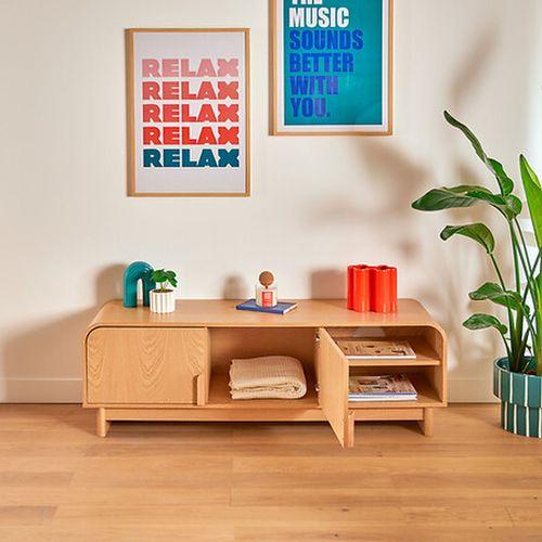 Meuble TV 2 Portes 1 Étagère Effet Bouleau Lee - Beige