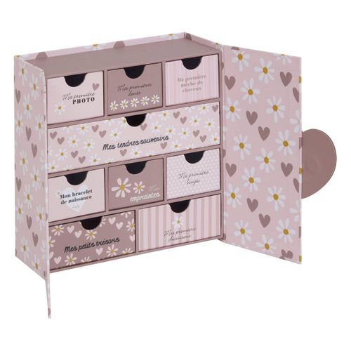 Coffret De Naissance Souvenirs Cœurs 9 Tiroirs Rose