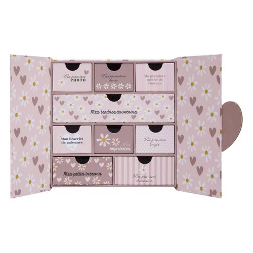 Coffret De Naissance Souvenirs Cœurs 9 Tiroirs Rose