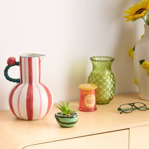 Vase Fruity Rayé Rouge Et Blanc En Grès Avec Anse 18,5x17,5x25 Cm