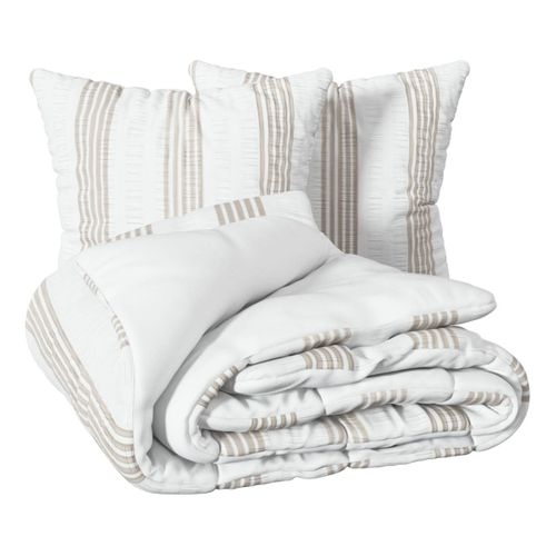 Parure De Lit Stripes 240x220cm Rayée Blanc Et Beige