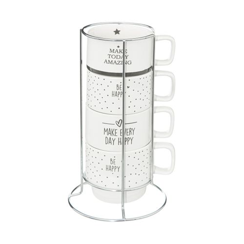 Lot De 4 Mugs En Porcelaine Déco Sur Rack En Inox
