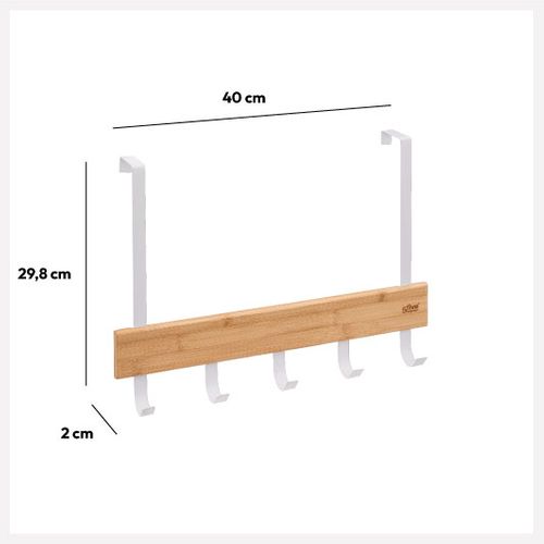 Porte-serviettes De Porte 5 Accroches En Métal Blanc Et Bambou