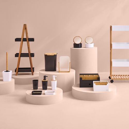 Organiseur Rangement Maquillage 1 Tiroir 9 Compartiments Blanc Et Bambou