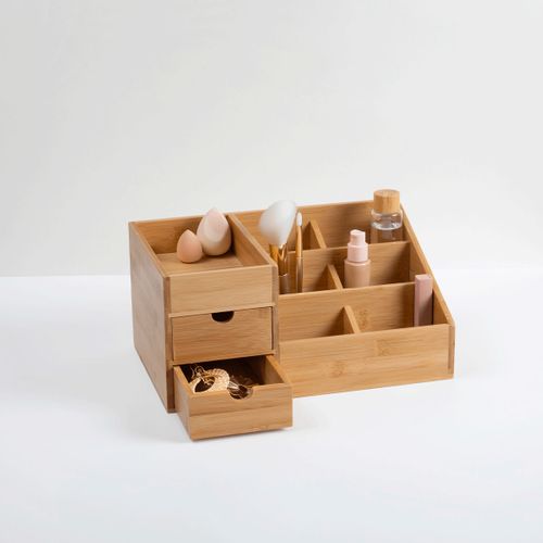 Organiseur Rangement Maquillage 2 Tiroirs 7 Compartiments En Bambou