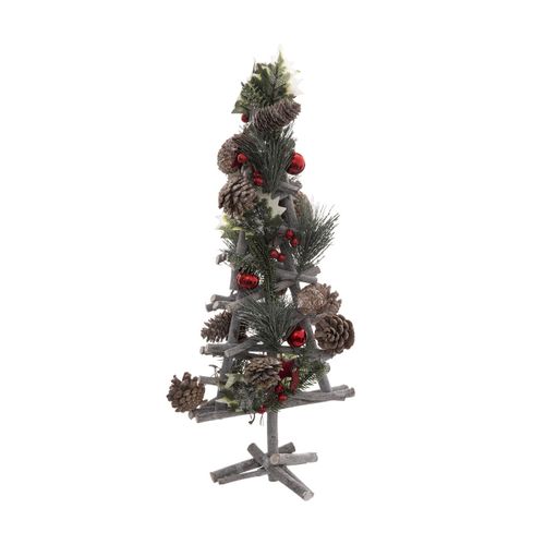 Sapin En Bois Décoré Avec Branches, Boules Et Pommes De Pin H 55 Cm
