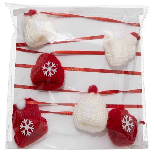 Guirlande De Noël Bonnets Avec Pompon Et Flocon Sur Ruban Satin Rouge L 200 Cm