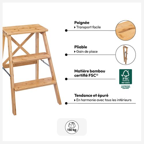 Marchepied 3 Marches "bambou" 63cm Naturel