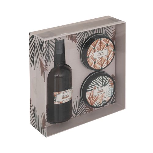 Coffret Senteur Ambre et Vanille Spray Parfum Et 2 Bougies Pot En Métal