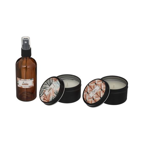 Coffret Senteur Ambre et Vanille Spray Parfum Et 2 Bougies Pot En Métal