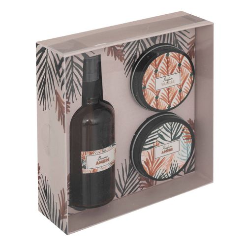 Coffret Senteur Ambre et Vanille Spray Parfum Et 2 Bougies Pot En Métal