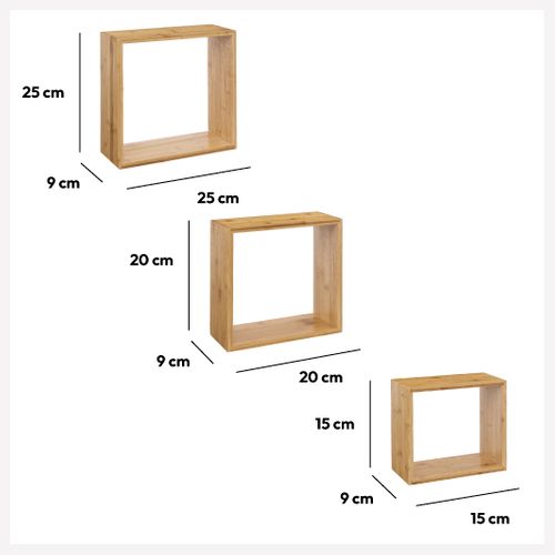 Lot De 3 Étagères Murales Flottantes Cubes En Bambou Fixations Invisibles