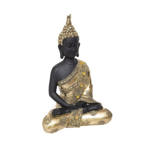 Statue Décorative Bouddha Assis En Résine Dorée H 34 Cm