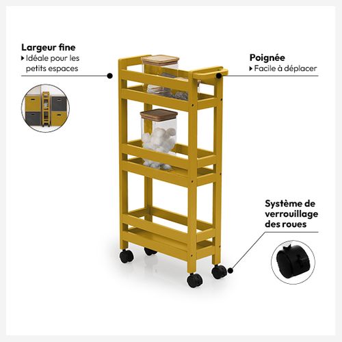 Desserte Roulante 3 Niveaux Jaune Moutarde H 75 Cm Idéale Pour Les Petits Espaces