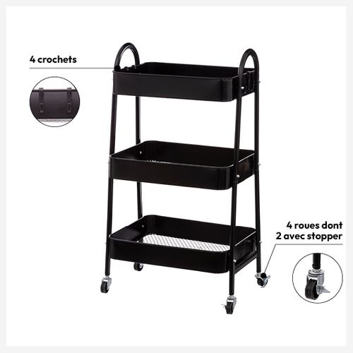Desserte Roulante 3 Niveaux En Métal Noir H 80 Cm
