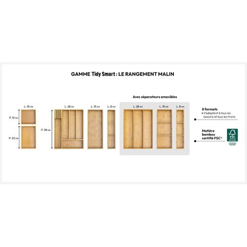 Organiseur De Cuisine En Bambou Avec Séparateurs Amovibles 8 X 38 Cm