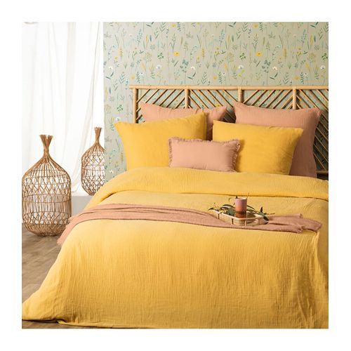 Parure De Lit 2 Personnes En Gaze De Coton Jaune Ocre 240 X 220 Cm Housse De Couette Avec 2 Taies