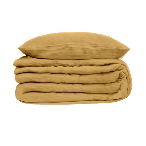 Parure De Lit 2 Personnes En Gaze De Coton Jaune Ocre 240 X 220 Cm Housse De Couette Avec 2 Taies