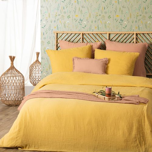 Parure De Lit 2 Personnes En Gaze De Coton Jaune Ocre 240 X 220 Cm Housse De Couette Avec 2 Taies
