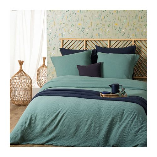 Parure De Lit 2 Personnes En Gaze De Coton Vert Céladon 240 X 220 Cm Housse De Couette Avec 2 Taies