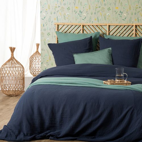 Parure De Lit 2 Personnes En Gaze De Coton Bleu Gris 260 X 240 Cm  Housse De Couette Avec 2 Taies