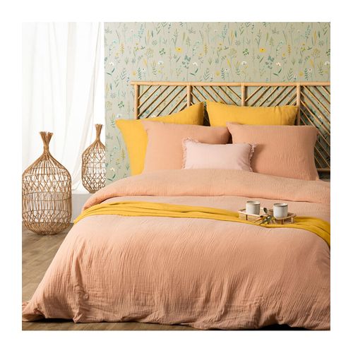 Parure De Lit 2 Personnes En Gaze De Coton Rose  260 X 240 Cm Housse De Couette Avec 2 Taies