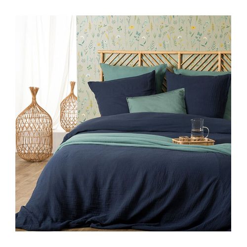 Parure De Lit 2 Personnes En Gaze De Coton Bleu Gris 240 X 220 Cm Housse De Couette Avec 2 Taies