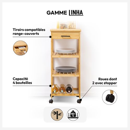 Desserte Roulante De Cuisine En Bambou H 90 Cm