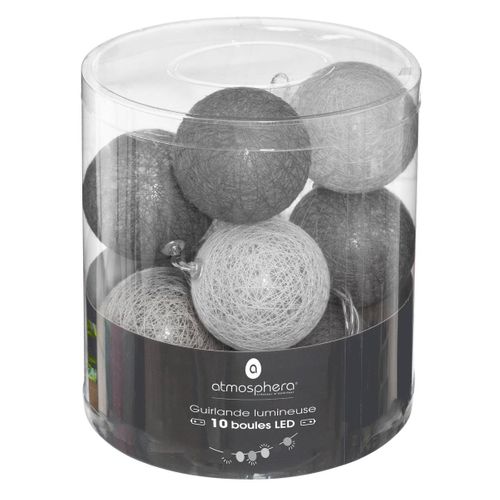 Guirlande Décorative à Piles 10 LED Boules En Coton D 6 X L 165 Cm -  Gris Et Noir