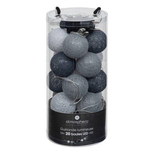 Guirlande Décorative Lumineuse 20 LED Boules En Coton D 6 X L 435 Cm - Gris Et Noir