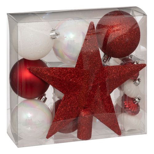 Déco De Sapin De Noël Kit De 18 Pièces Boules Et Cimier - Rouge Et Blanc