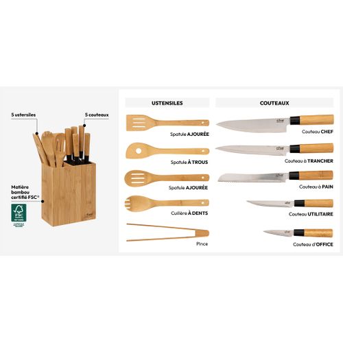 Bloc 5 Couteaux et 5 Ustensiles Manche Bambou