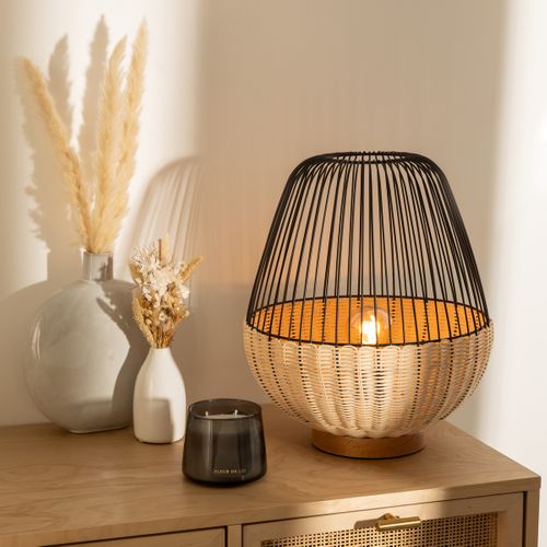 Lampe à Poser En Rotin Et Métal Noir H 35.5 Cm