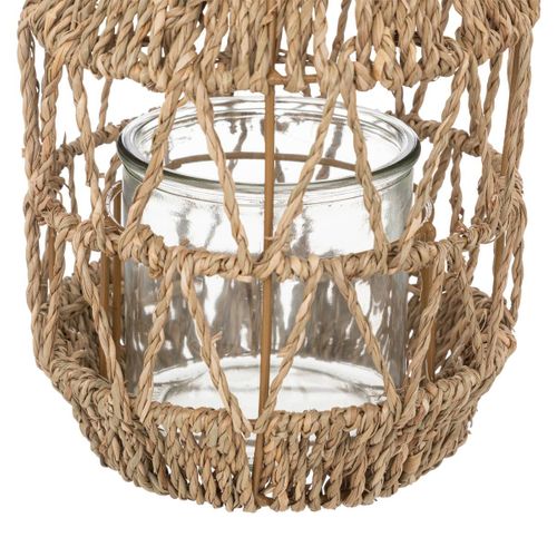 Lanterne Photophore En Métal Et Rotin Bougeoir En Verre  D 17 X H 18 Cm