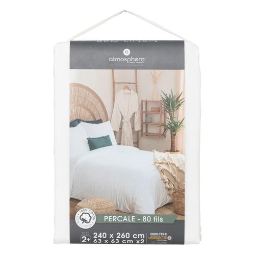 Parure De Lit 2 Personnes En Percale De Coton Blanc 260 X 240 Cm Housse De Couette Avec 2 Taies