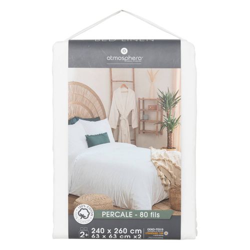 Parure De Lit 2 Personnes En Percale De Coton Blanc 260 X 240 Cm Housse De Couette Avec 2 Taies
