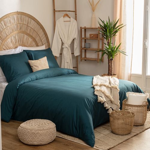 Parure De Lit 2 Personnes En Percale De Coton Bleu Egéen 260 X 240 Cm Housse De Couette Avec 2 Taies