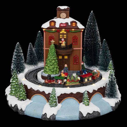 Village De Noël Lumineux Gare Avec Train Animé