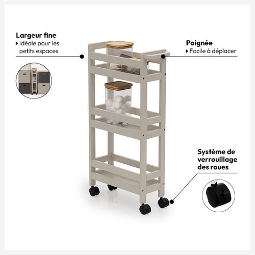 Desserte Roulante 3 Niveaux Beige Lin H 75 Cm Idéale Pour Les Petits Espaces