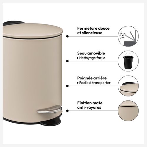 Poubelle De Salle De Bain En Métal Beige Lin Soft Close 3 L