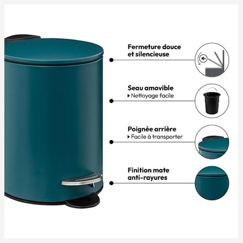 Poubelle De Salle De Bain En Métal Bleu Pétrole Soft Close 3 L