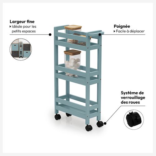 Desserte Roulante 3 Niveaux Bleu Artic H 75 Cm Idéale Pour Les Petits Espaces