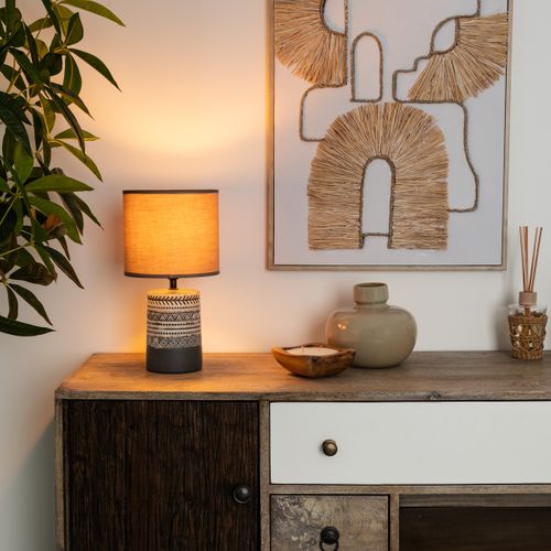 Lampe à Poser Marron Motif Exotique Et Abat-jour En Coton Beige H 34 Cm