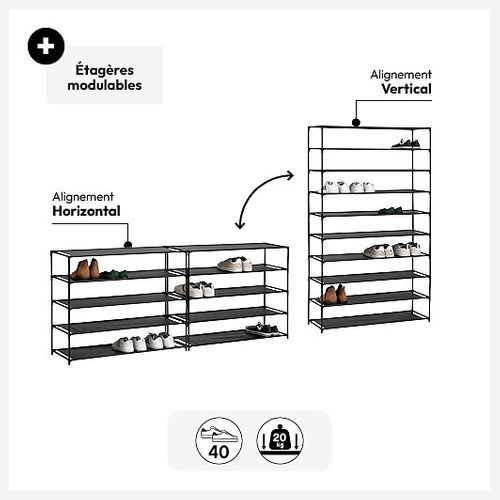 Range Chaussures 10 Étagères Tissus - Noir