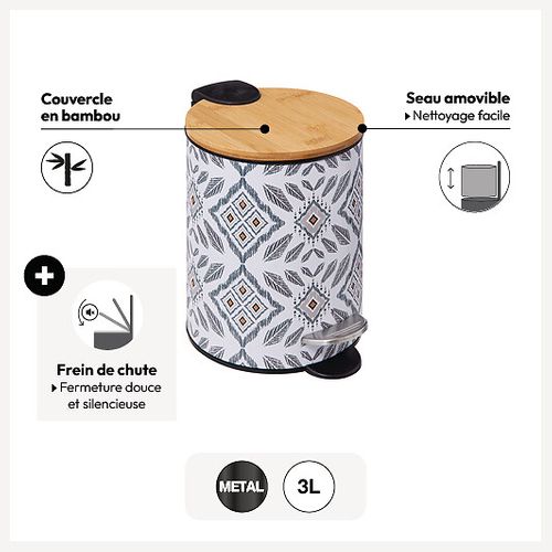 Poubelle En Métal Et Bambou 3 L Blanc Et Gris Déco Hapache