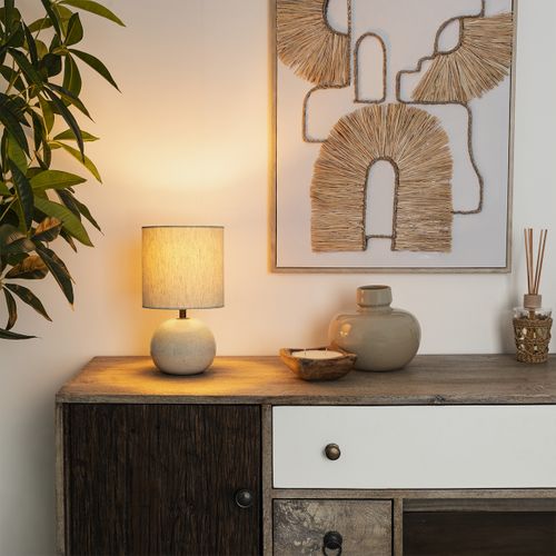 Lampe à Poser En Céramique Blanc Lin Et Abat-jour Coton H 28 Cm