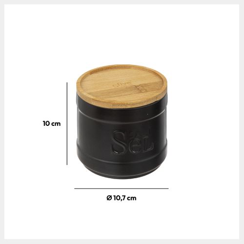 Boîte à Sel En Céramique Noire Et Couvercle En Bambou