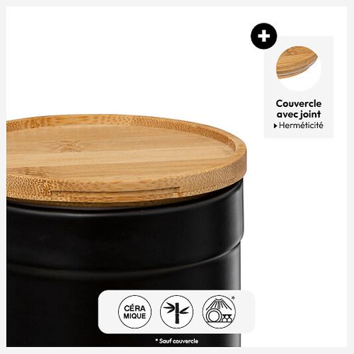 Boîte à Sucre En Céramique Noire Et Couvercle En Bambou